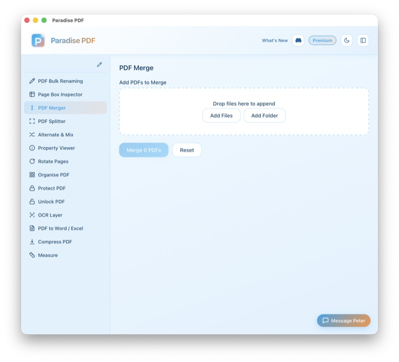 Merge PDF tool in Paradise PDF for Mac